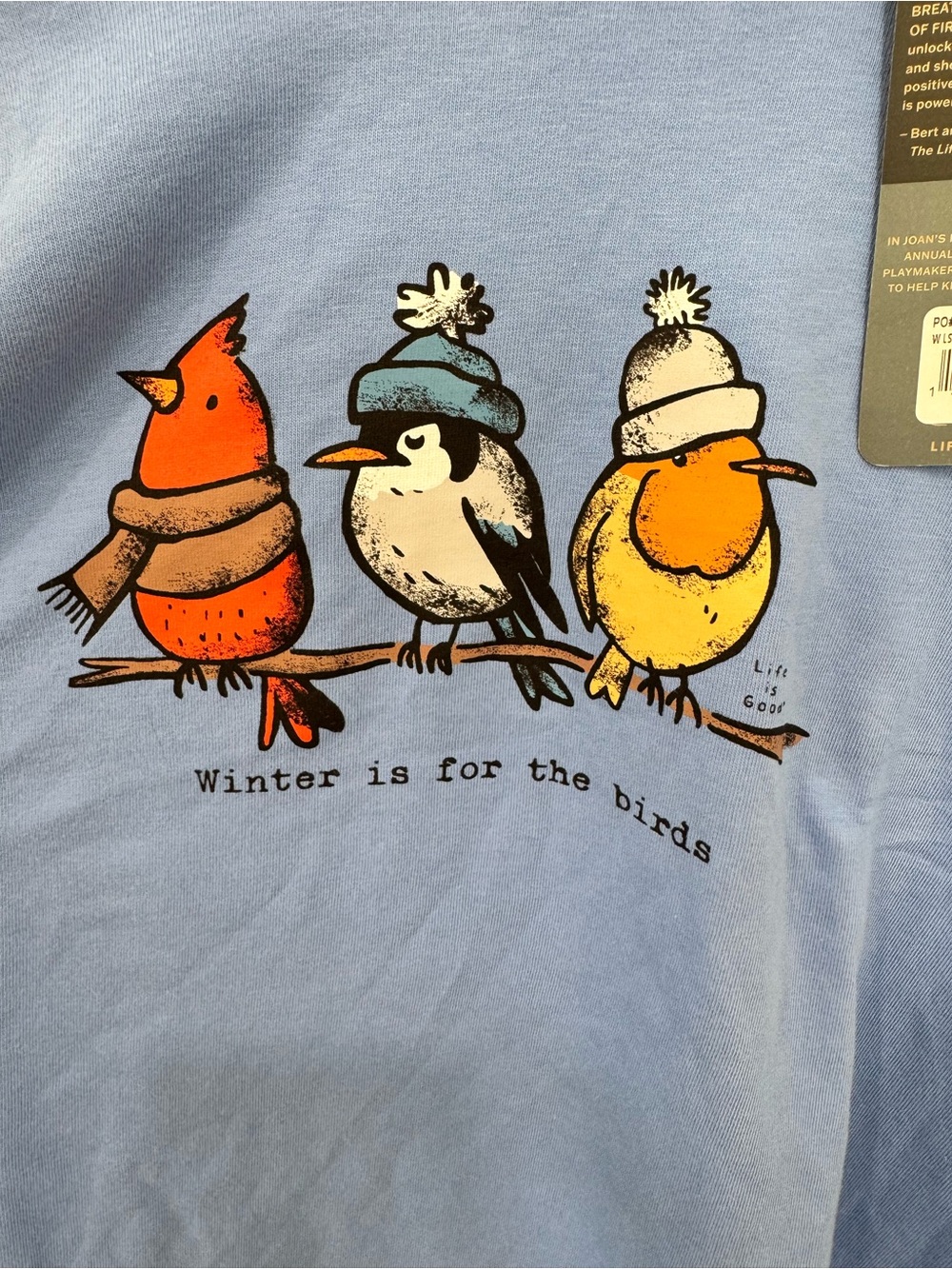 Life Is Good Light Blue Long Sleeve Tee with Colorful Bird Winter Graphic